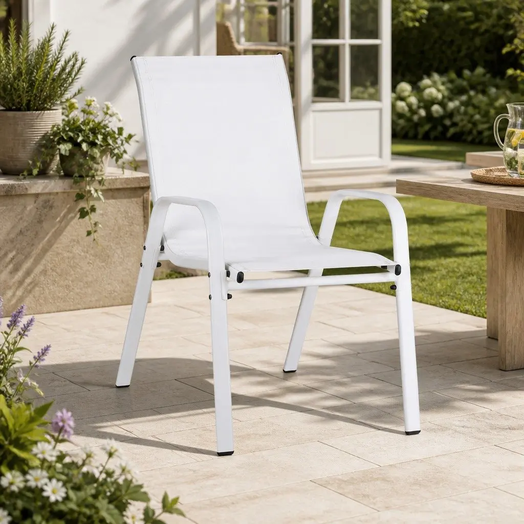Outdoor Dining Chairs Stackable 4 Piece Set White Steel Frame Textilene Fabric