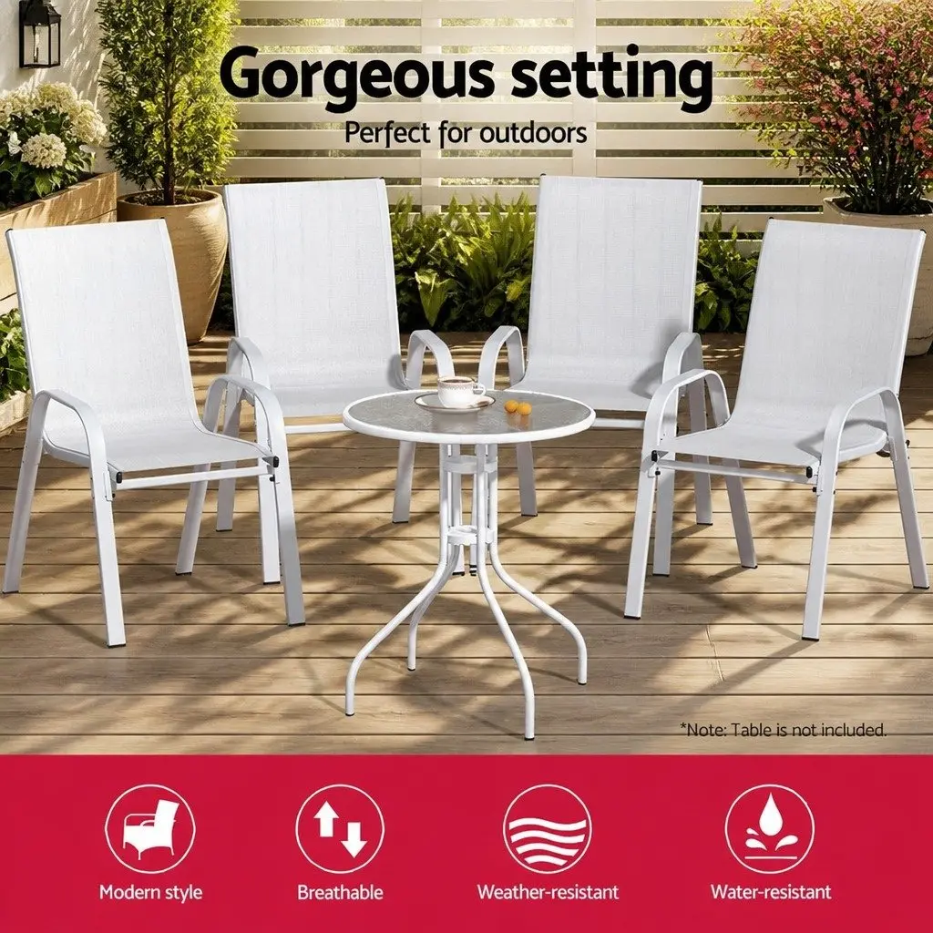 Outdoor Dining Chairs Stackable 4 Piece Set White Steel Frame Textilene Fabric