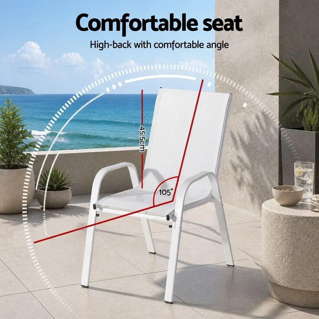 Outdoor Dining Chairs Stackable 4 Piece Set White Steel Frame Textilene Fabric