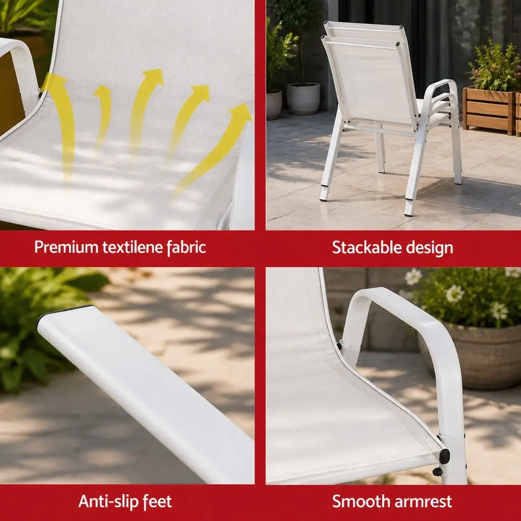 Outdoor Dining Chairs Stackable 4 Piece Set White Steel Frame Textilene Fabric