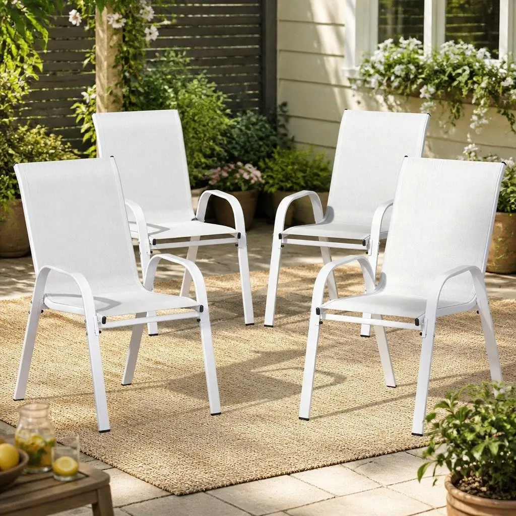 Outdoor Dining Chairs Stackable 4 Piece Set White Steel Frame Textilene Fabric