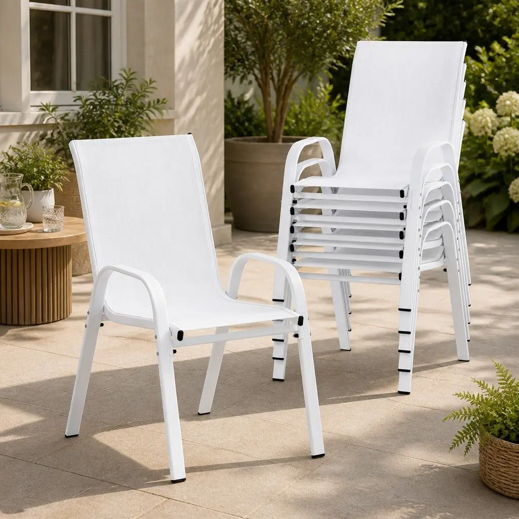 Outdoor Dining Chairs Set 6PC White Stackable Steel Frame Weather-Resistant