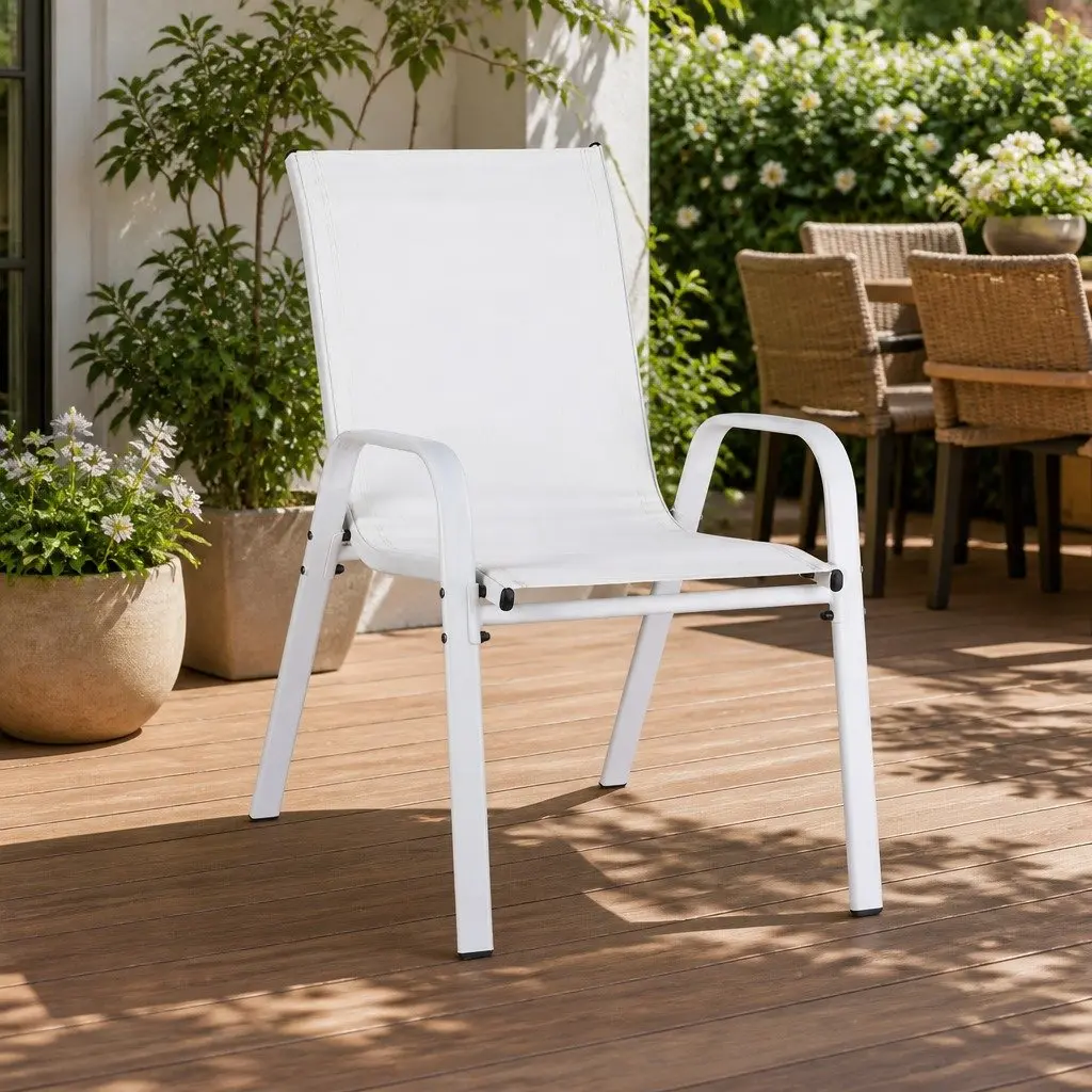 Outdoor Dining Chairs Set 6PC White Stackable Steel Frame Weather-Resistant