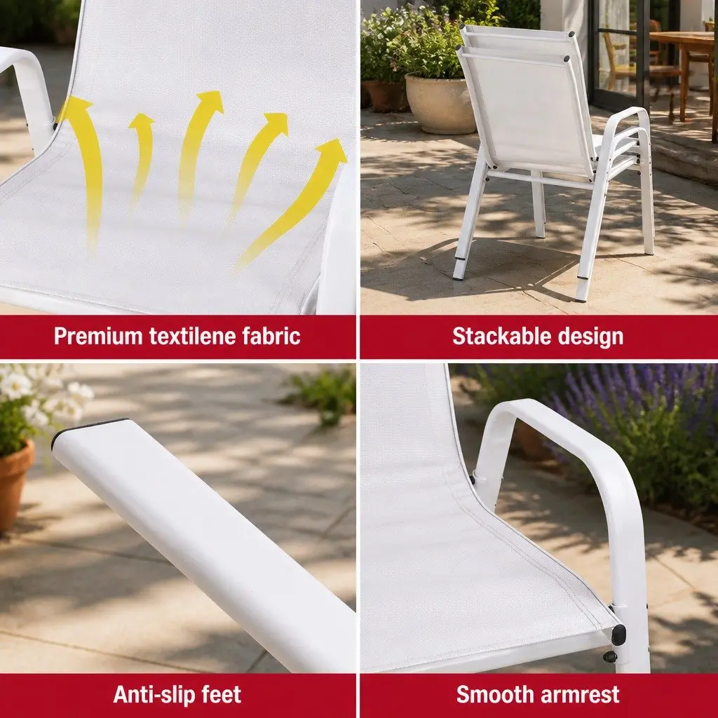Outdoor Dining Chairs Set 6PC White Stackable Steel Frame Weather-Resistant