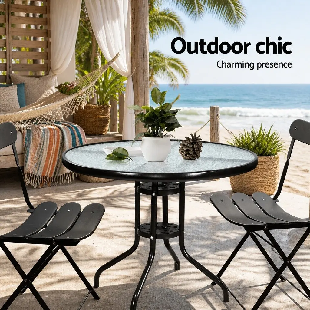 Outdoor Bar Table Tempered Glass Cafe Dining Steel Frame Parasol Hole Black
