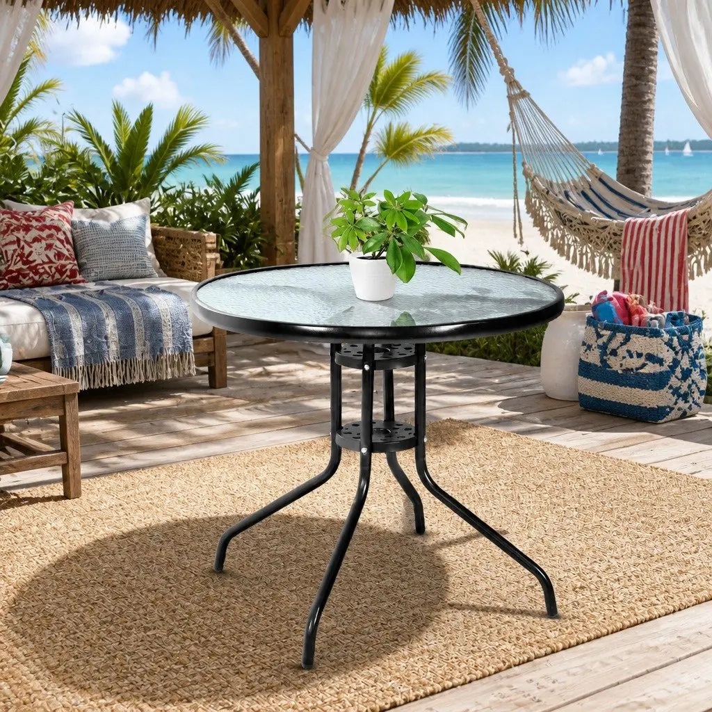 Outdoor Bar Table Tempered Glass Cafe Dining Steel Frame Parasol Hole Black