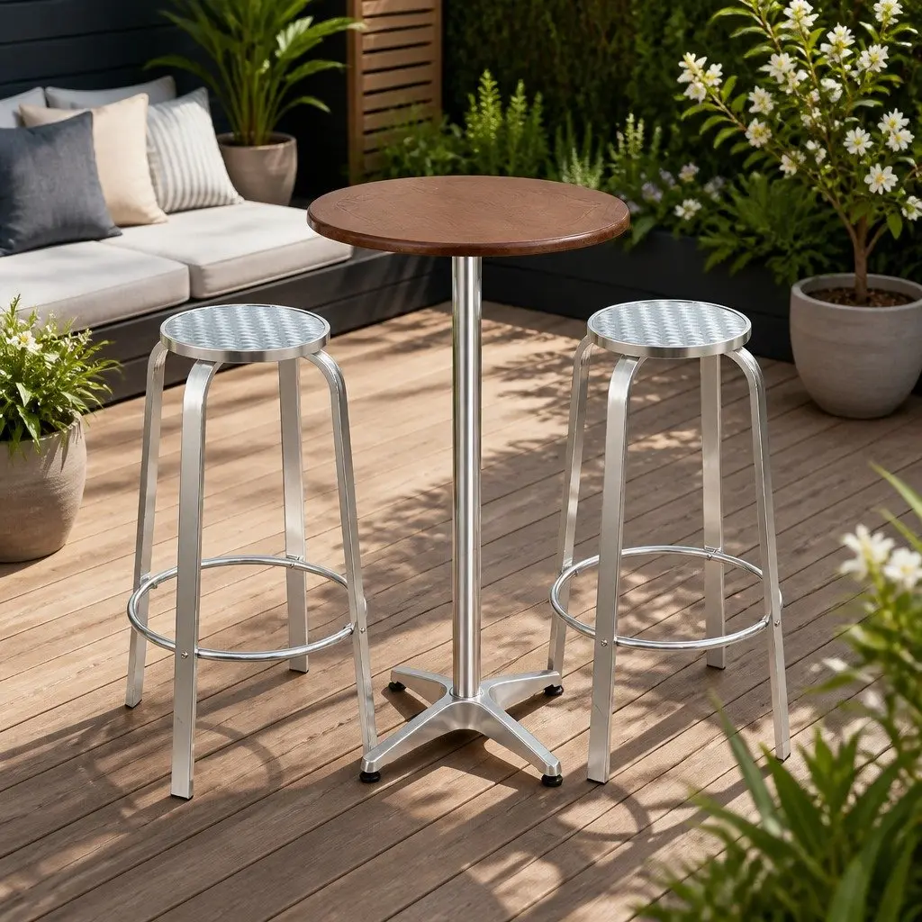 3-Piece Outdoor Bar Set Adjustable Table and Stools Silver