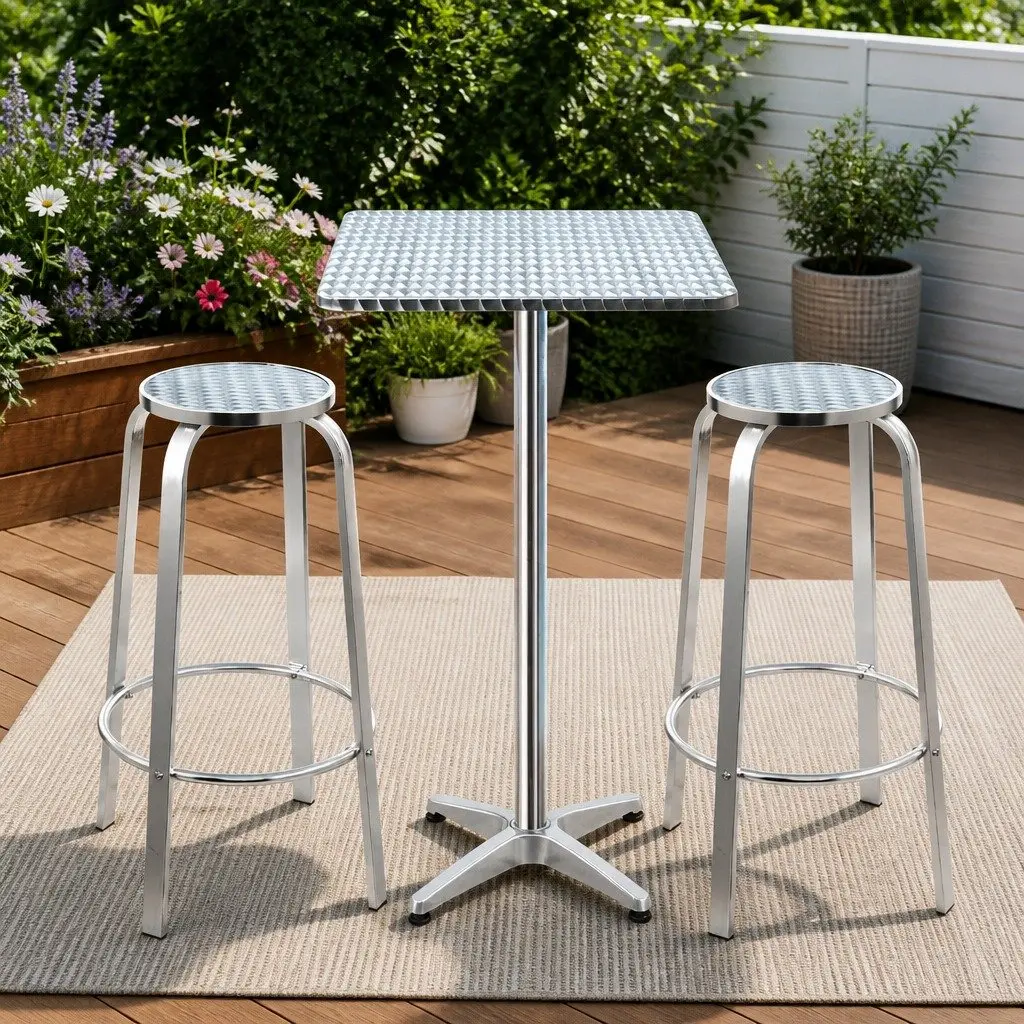 Height Adjustable Bistro Table with 2 Stools Contemporary Outdoor Bar Set Silver