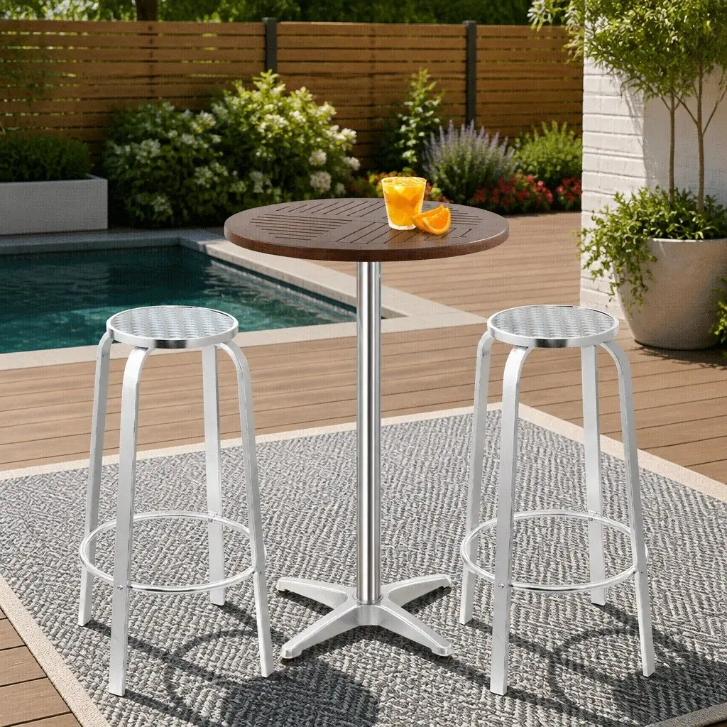 Height Adjustable Bistro Table with 2 Stools Contemporary Outdoor Bar Set Silver