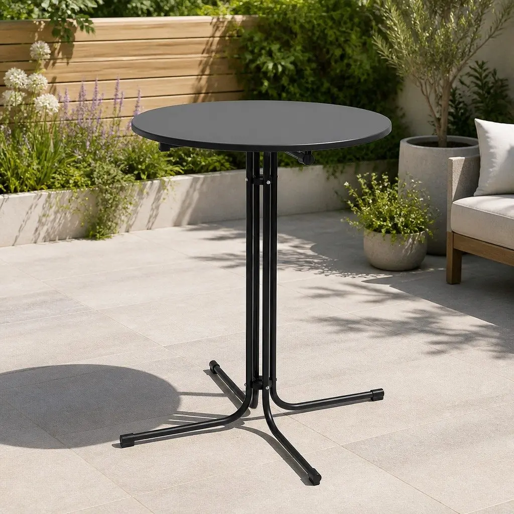 Round Bar Table 80cm Folding Outdoor Indoor Black Steel Frame