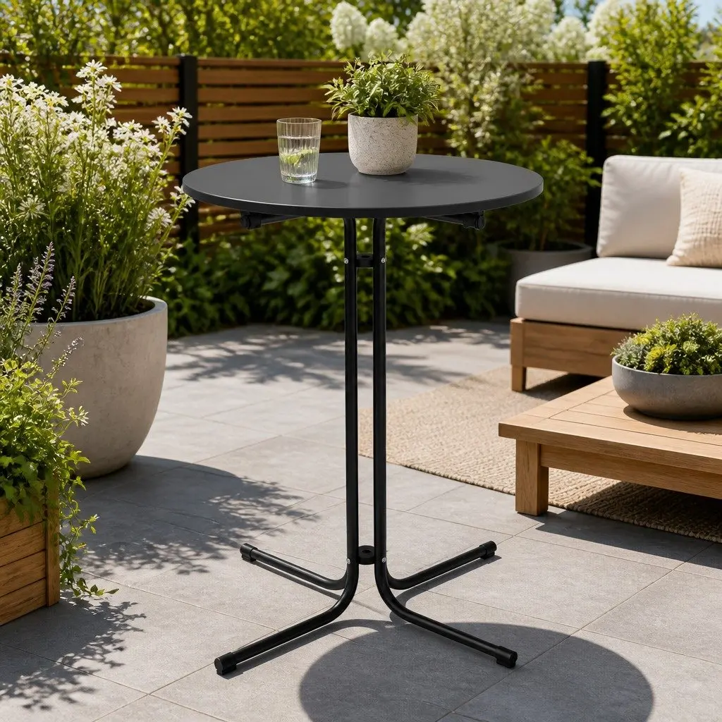 Round Bar Table 80cm Folding Outdoor Indoor Black Steel Frame