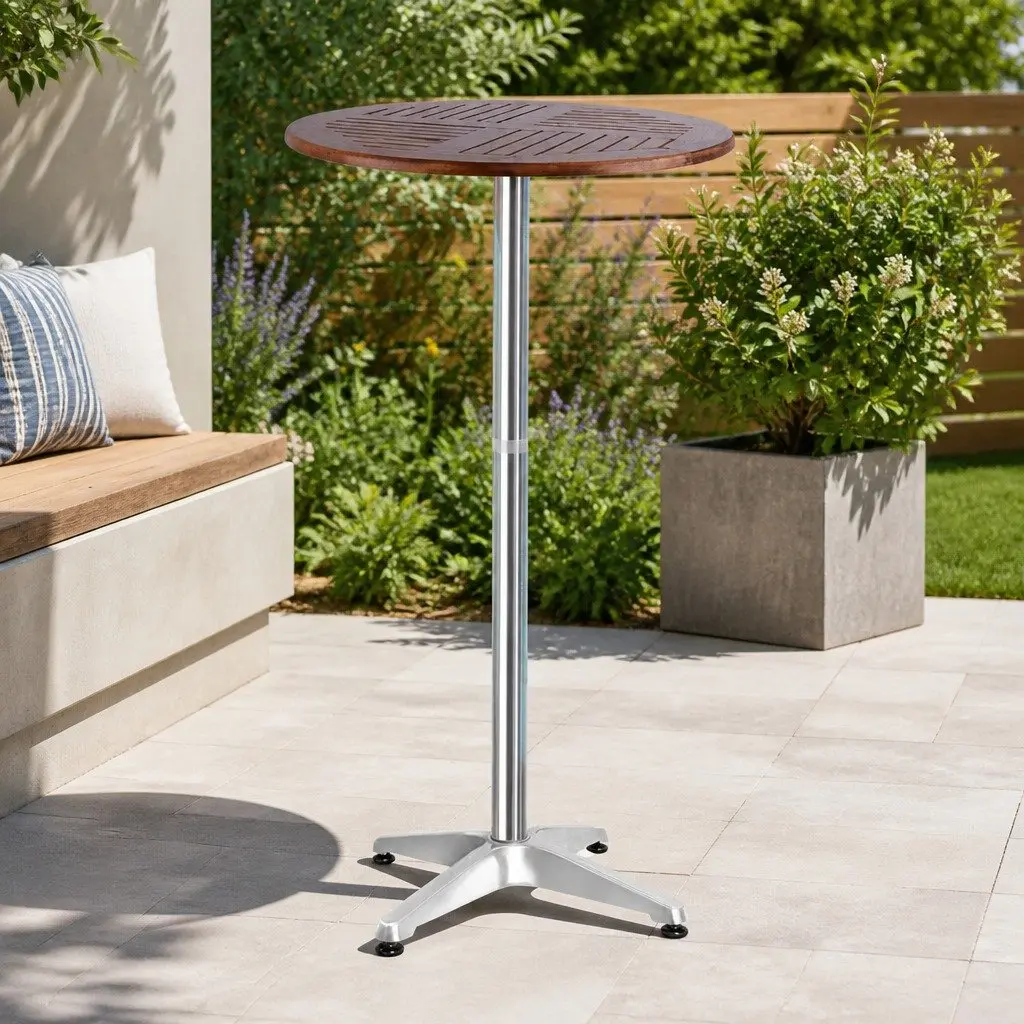 Outdoor Bar Table 60cm Round Hardwood Top Foldable Adjustable Height Aluminium Pole