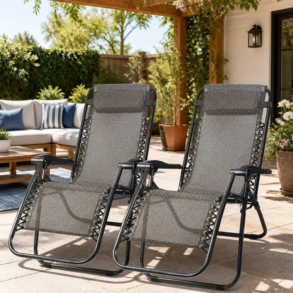 2PC Zero Gravity Reclining Chair Folding Outdoor Lounger Adjustable Beige