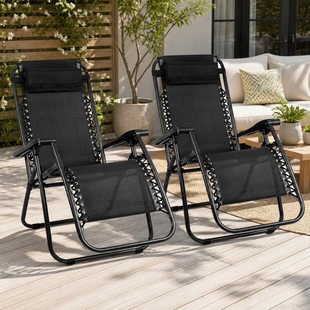 Zero Gravity Reclining Chair 2PC Adjustable Folding Outdoor Lounge Black