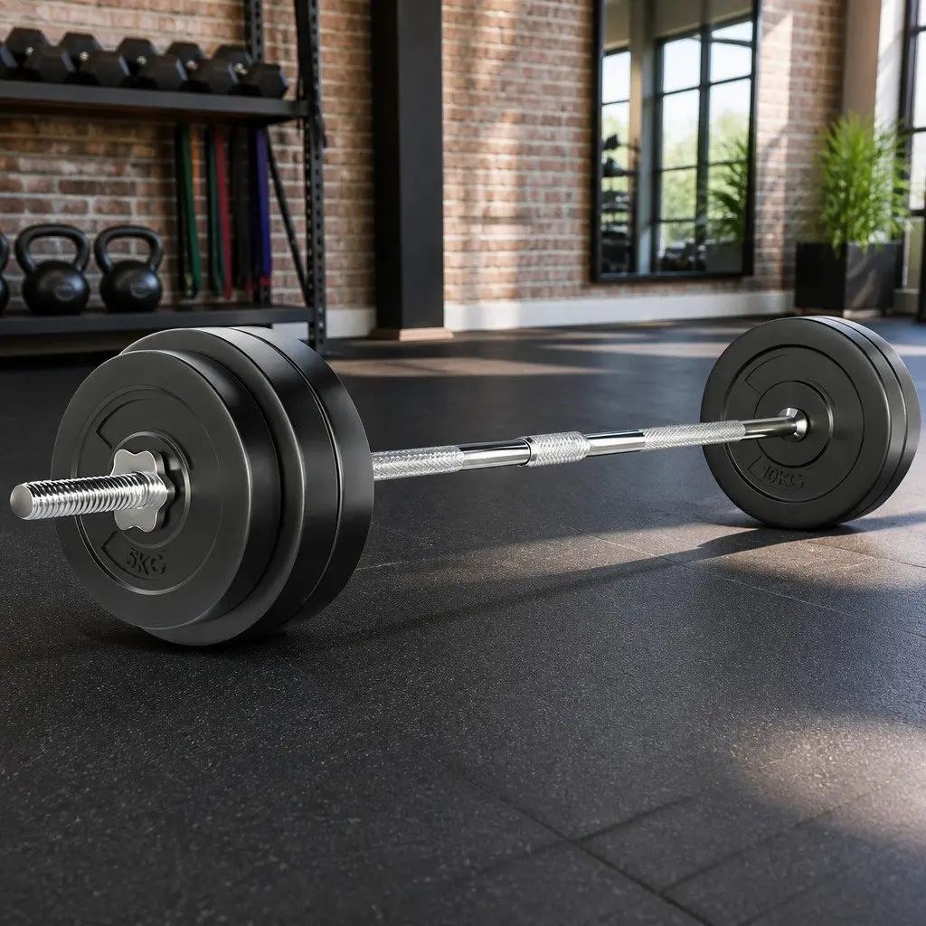 58kg Barbell Set with 168cm Steel Bar and Rubber-Covered Weight Plates for Home Gym Exercise
