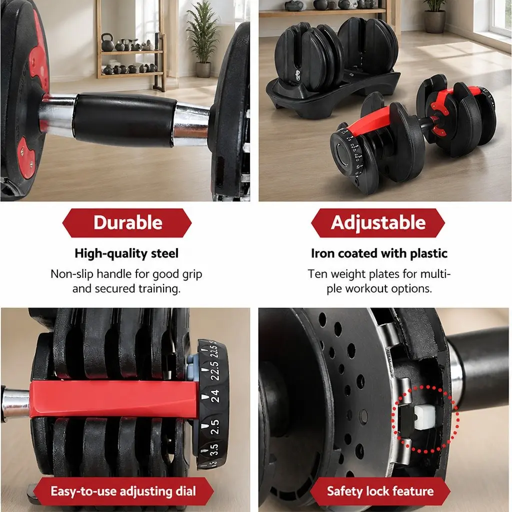 Adjustable Dumbbell Set 24kg Home Gym Weight Training 2 Pieces with Holder
