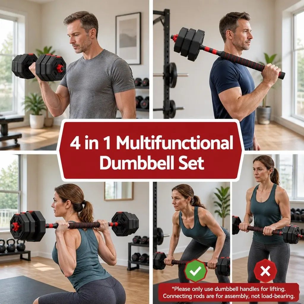 Adjustable Dumbbell Barbell Set 20kg 4-in-1 Weight Plates Home Gym Workout