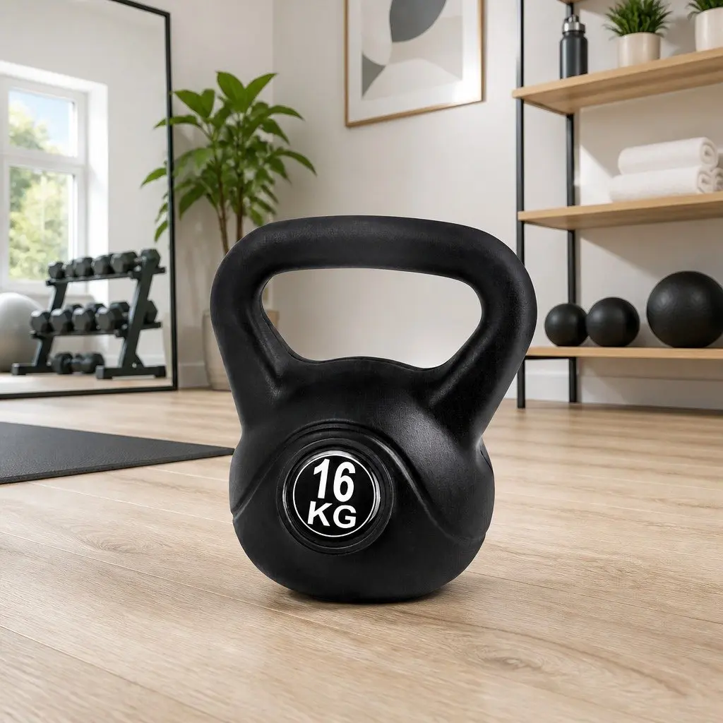 16kg Kettlebell Black Concrete Filled Anti-Slip Grip for Home Gym Weight Lifting Training Exercise