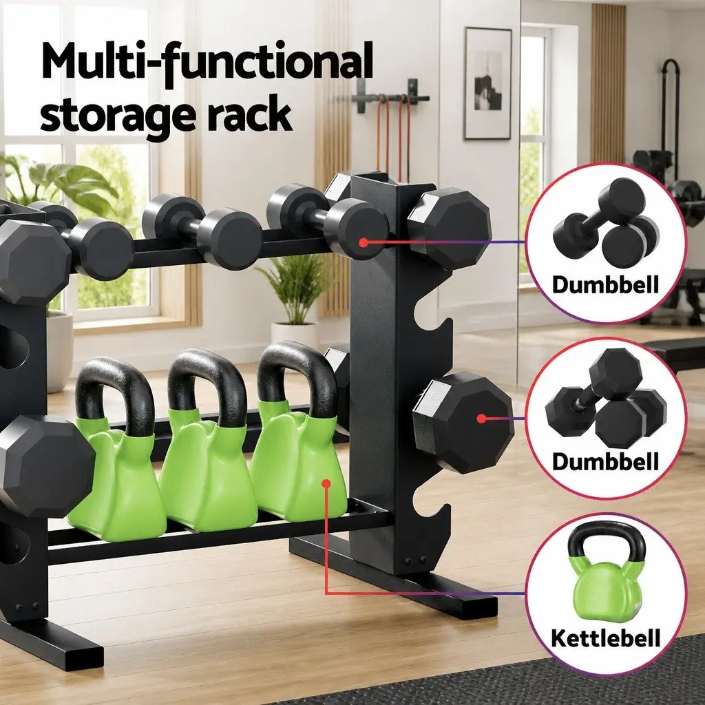 Dumbbell Rack 2-Tier Compact Steel Weight Storage Stand Home Gym 200kg Capacity Black