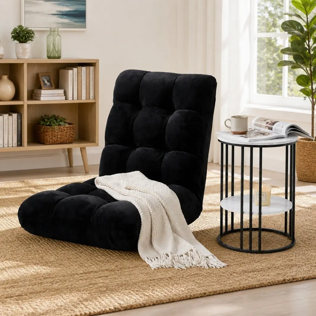 Folding Floor Lounge Chair with 2-Tier Coffee Table Bundle Adjustable Positions Compact Living Room Set