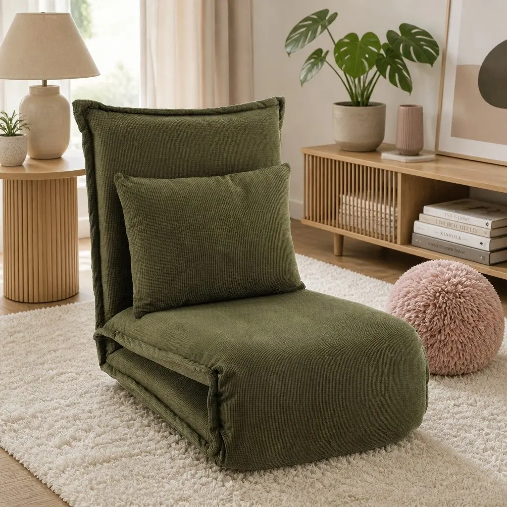 Floor Lounge Sofa Bed Foldable Adjustable Recliner Chair Green Corduroy 6-Level Support