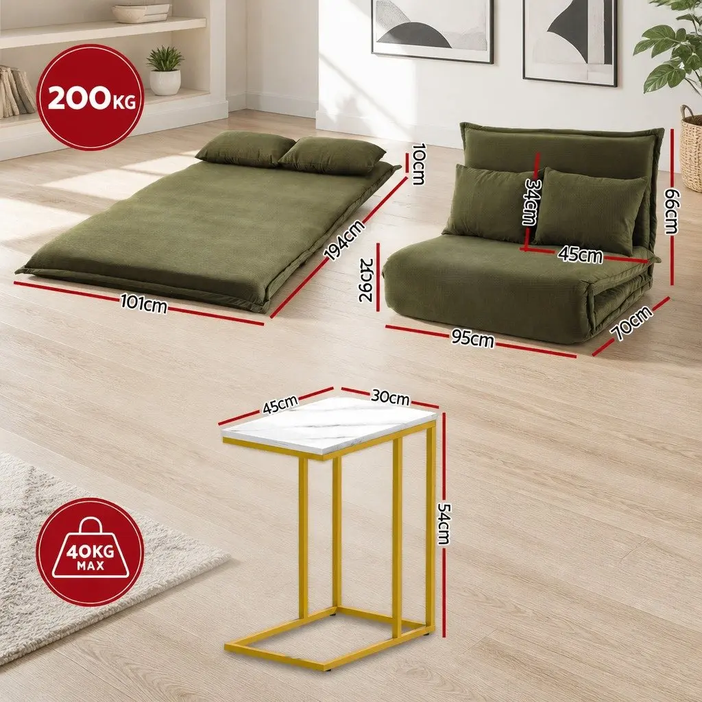Floor Lounge Sofa Bed Chair with Adjustable Backrest and C-shaped Marble Effect Side Table