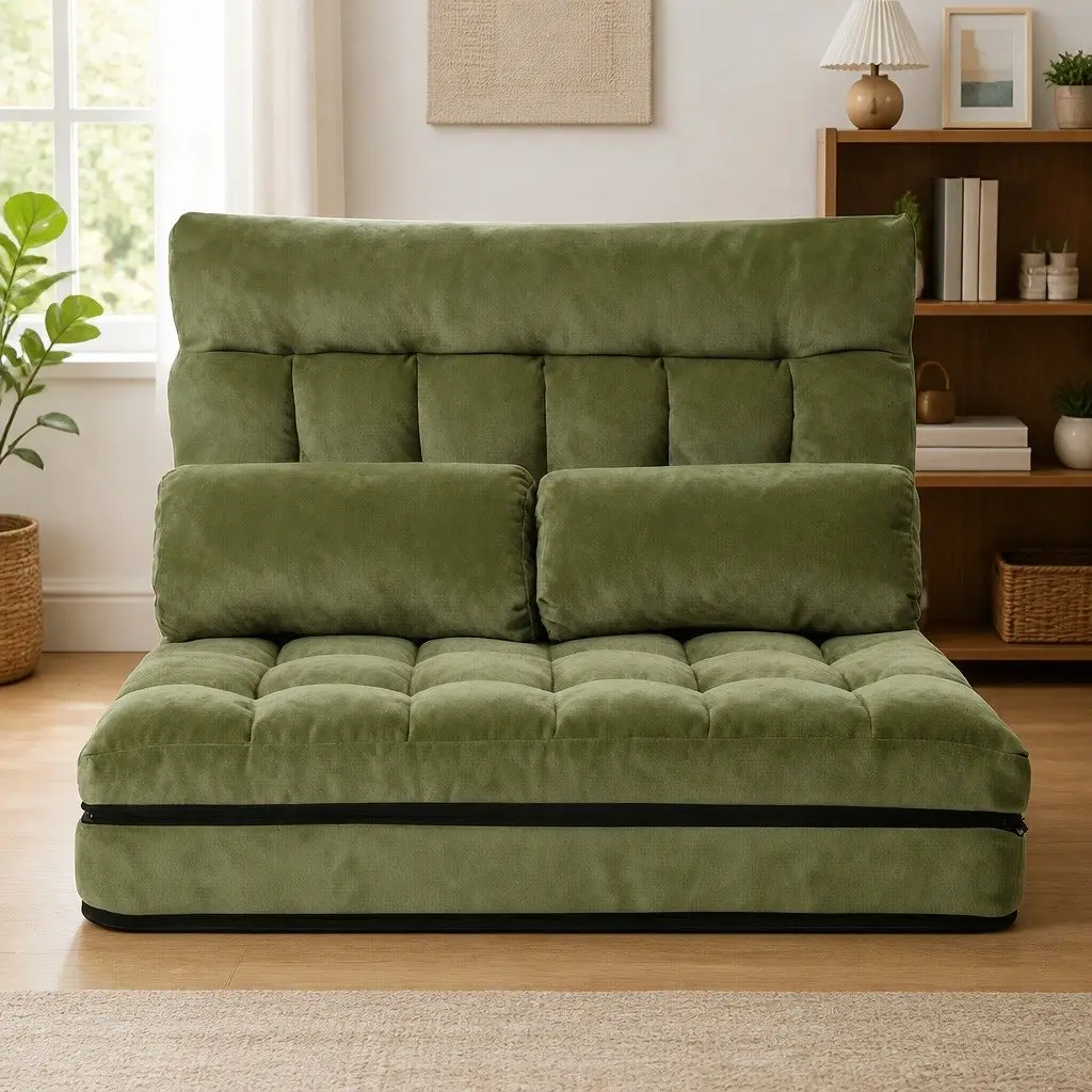 Adjustable Recliner Sofa Bed Portable Green Foldable 2 Seater with Storage and Five Angles