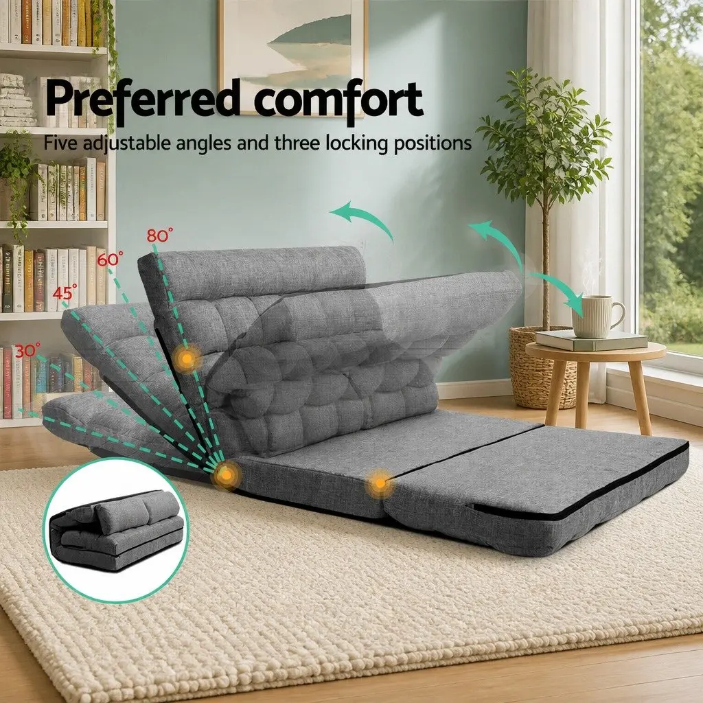 Adjustable Lounge Sofa Bed 2-Seater Grey Faux Linen Fabric with Five Positions and Removable Covers