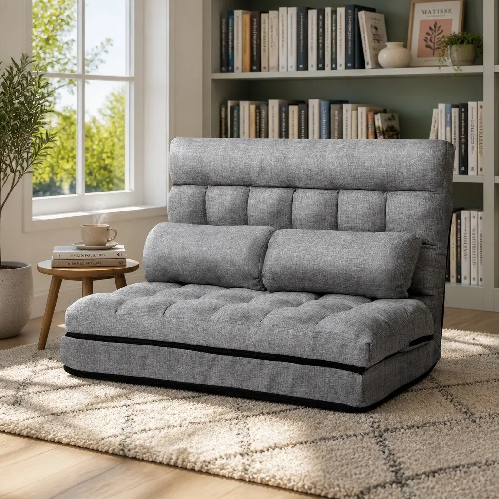 Adjustable Lounge Sofa Bed 2-Seater Grey Faux Linen Fabric with Five Positions and Removable Covers