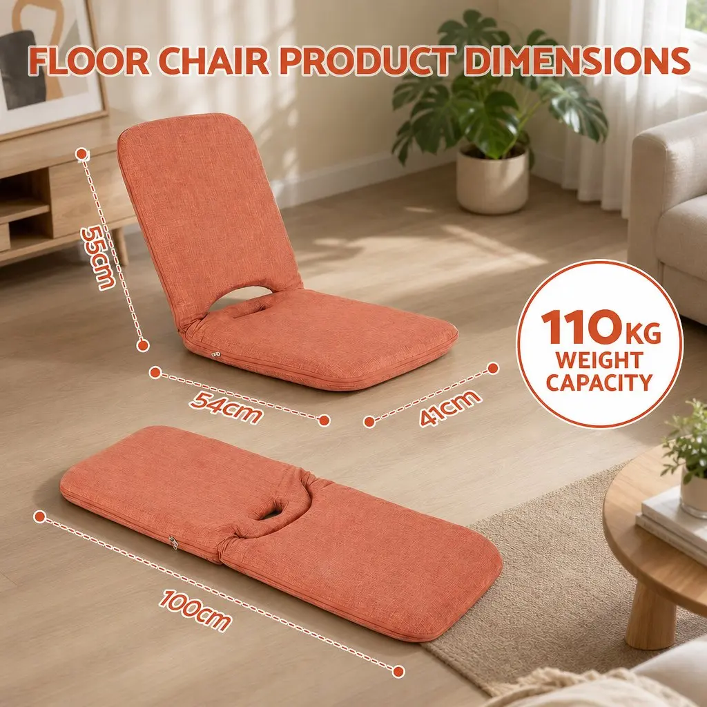 Floor Chair 5 Position Adjustable Orange Foldable Recliner for Relaxed Indoor Seating