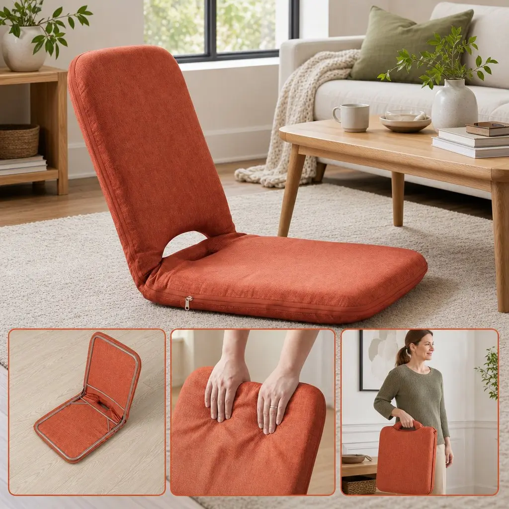 Floor Chair 5 Position Adjustable Orange Foldable Recliner for Relaxed Indoor Seating