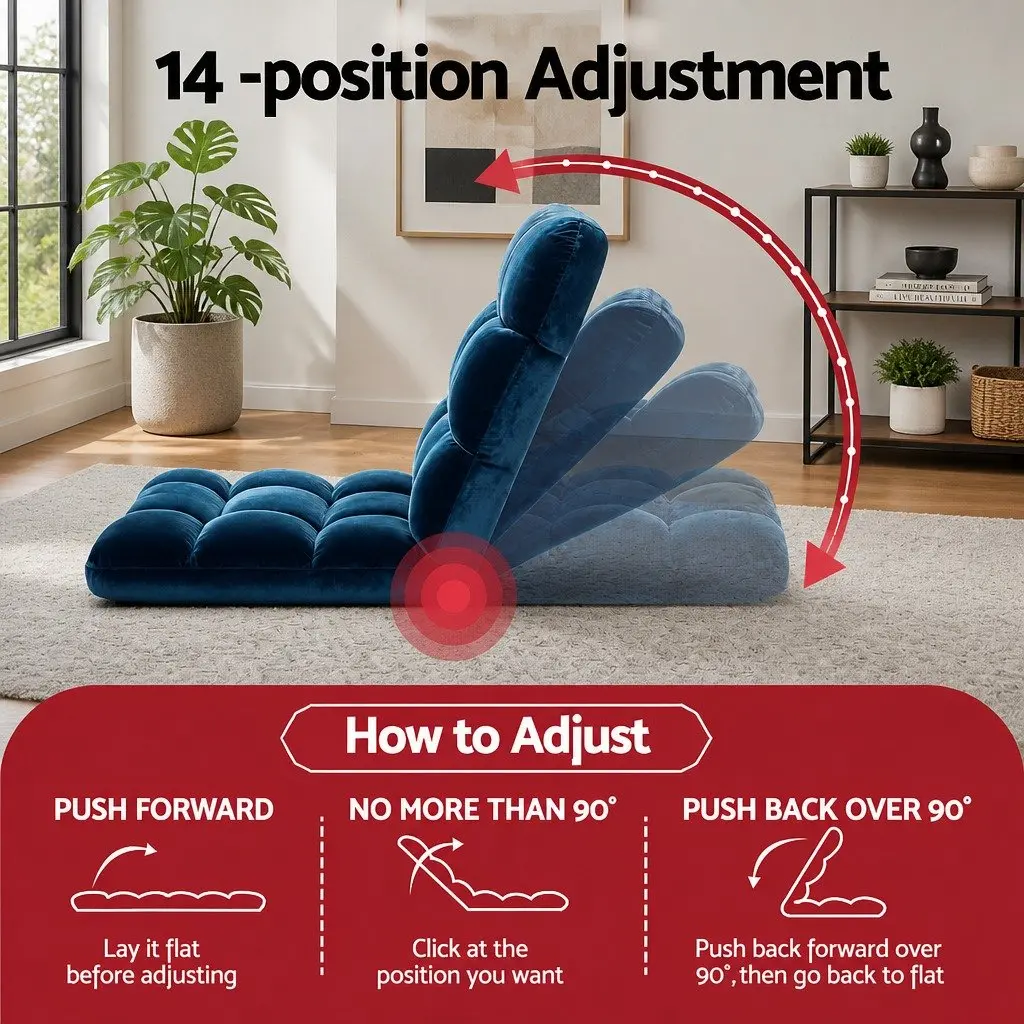 Adjustable Floor Lounge Sofa Bed Chair Navy Flannel Fabric 14 Positions Recliner 2 Piece