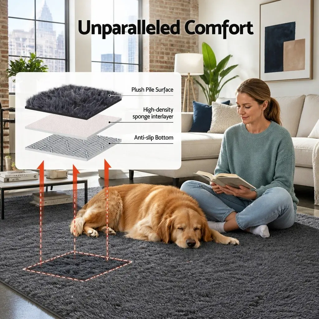 Floor Rug 200x290cm Plush Shaggy Area Carpet Soft High-Pile Anti-Slip Backing Dark Grey