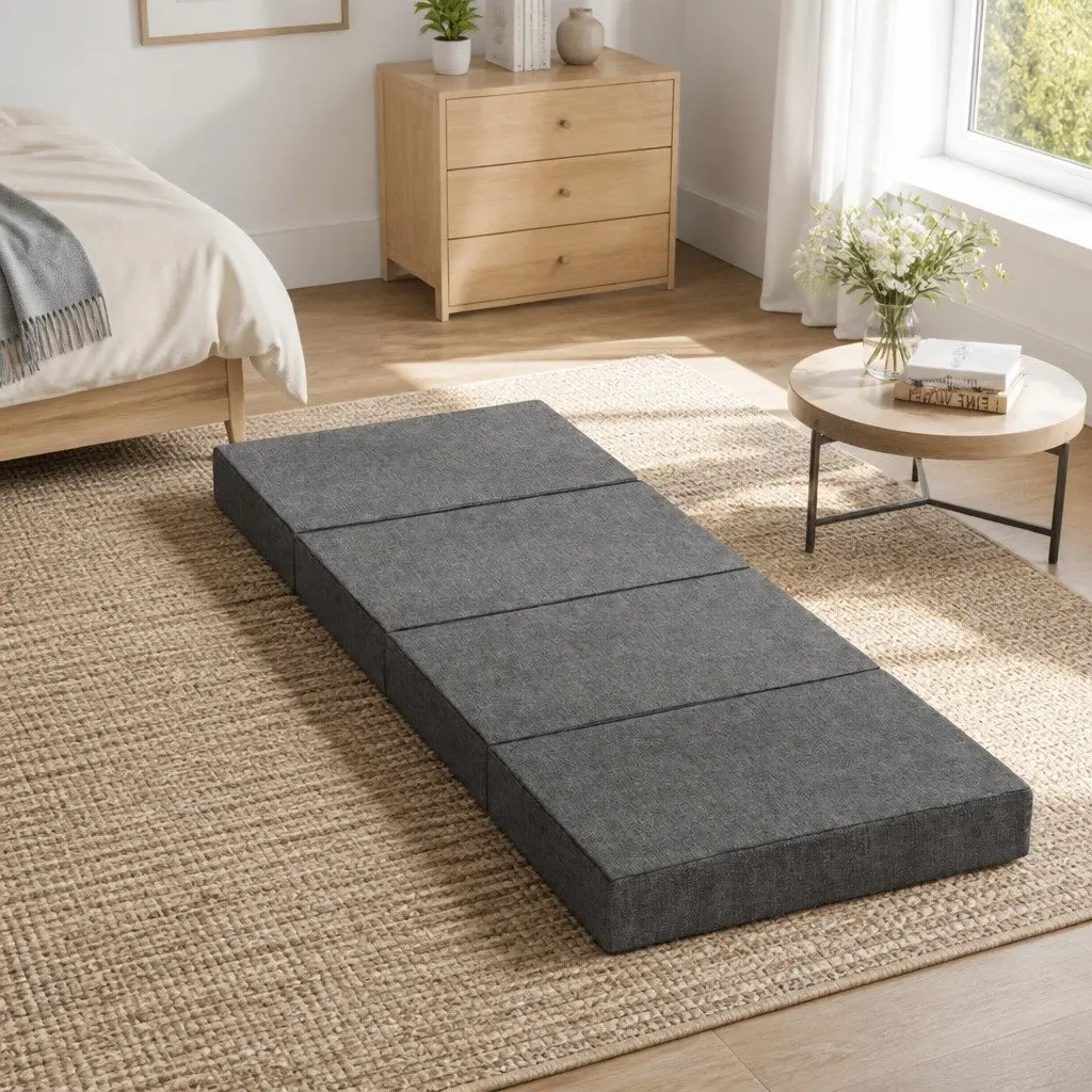 Foldable Foam Mattress Single Bed Couch Convertible Grey Storage