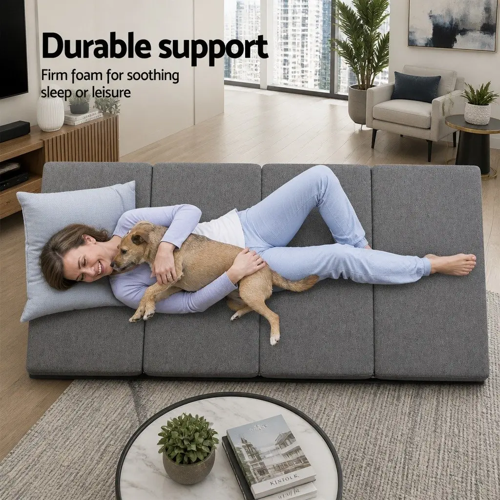 Foldable Foam Mattress Single Bed Couch Convertible Grey Storage