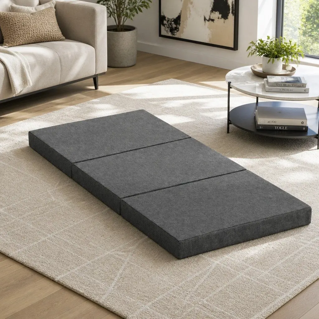 Foldable Foam Mattress Single Bed Chair Grey Removable Washable Cover