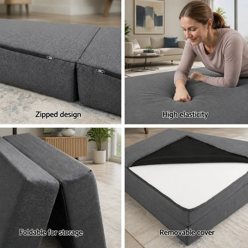 Foldable Foam Mattress Single Bed Chair Grey Removable Washable Cover