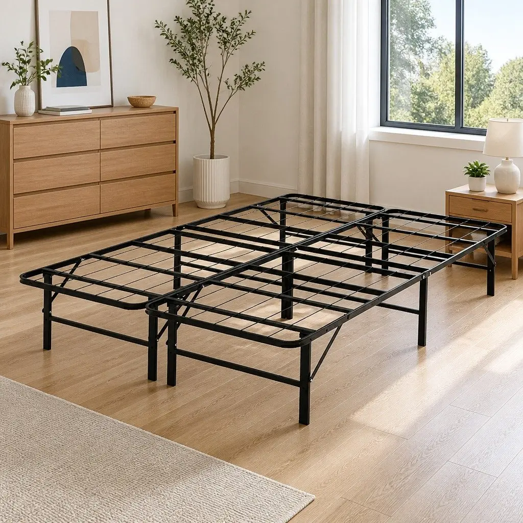 Double Bed Frame Folding Metal Base Black Portable Foldable Storage Bed