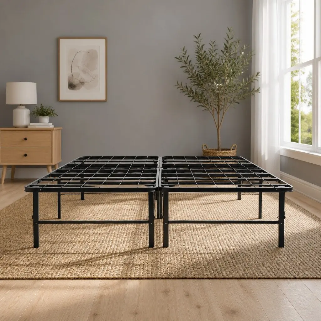Queen Size Folding Bed Frame Black Metal Base Easy Assembly with Under Bed Storage 36cm High