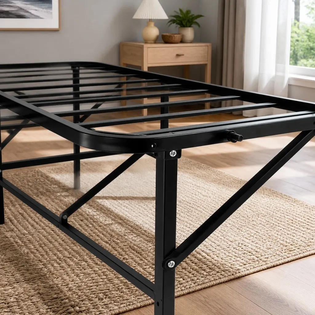 Queen Size Folding Bed Frame Black Metal Base Easy Assembly with Under Bed Storage 36cm High