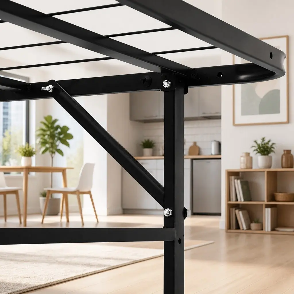 Single Folding Bed Frame Black Metal Base Under-Bed Storage Easy Assembly