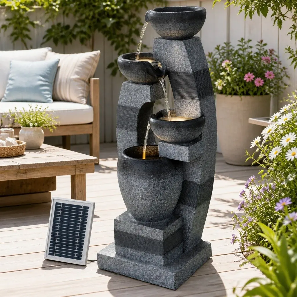 Solar Fountain 4-Tier Cascading Decorative Grey Indoor Outdoor Water Feature