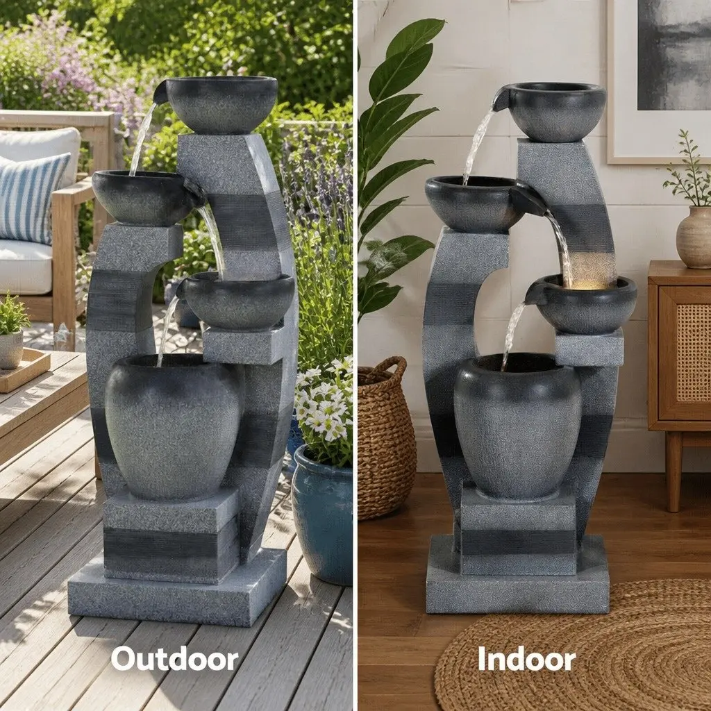 Solar Fountain 4-Tier Cascading Decorative Grey Indoor Outdoor Water Feature