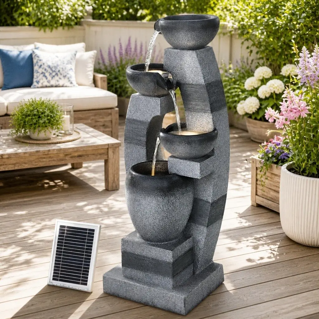 Solar Fountain 4-Tier Cascading Decorative Grey Indoor Outdoor Water Feature