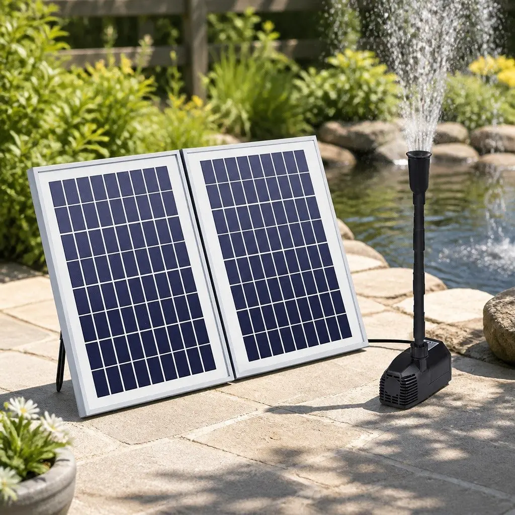 Solar Pond Pump Submersible Water Fountain Kit with 2 Solar Panels 1600L/H Flow Rate Adjustable Height Six Nozzle Options 5m Cable