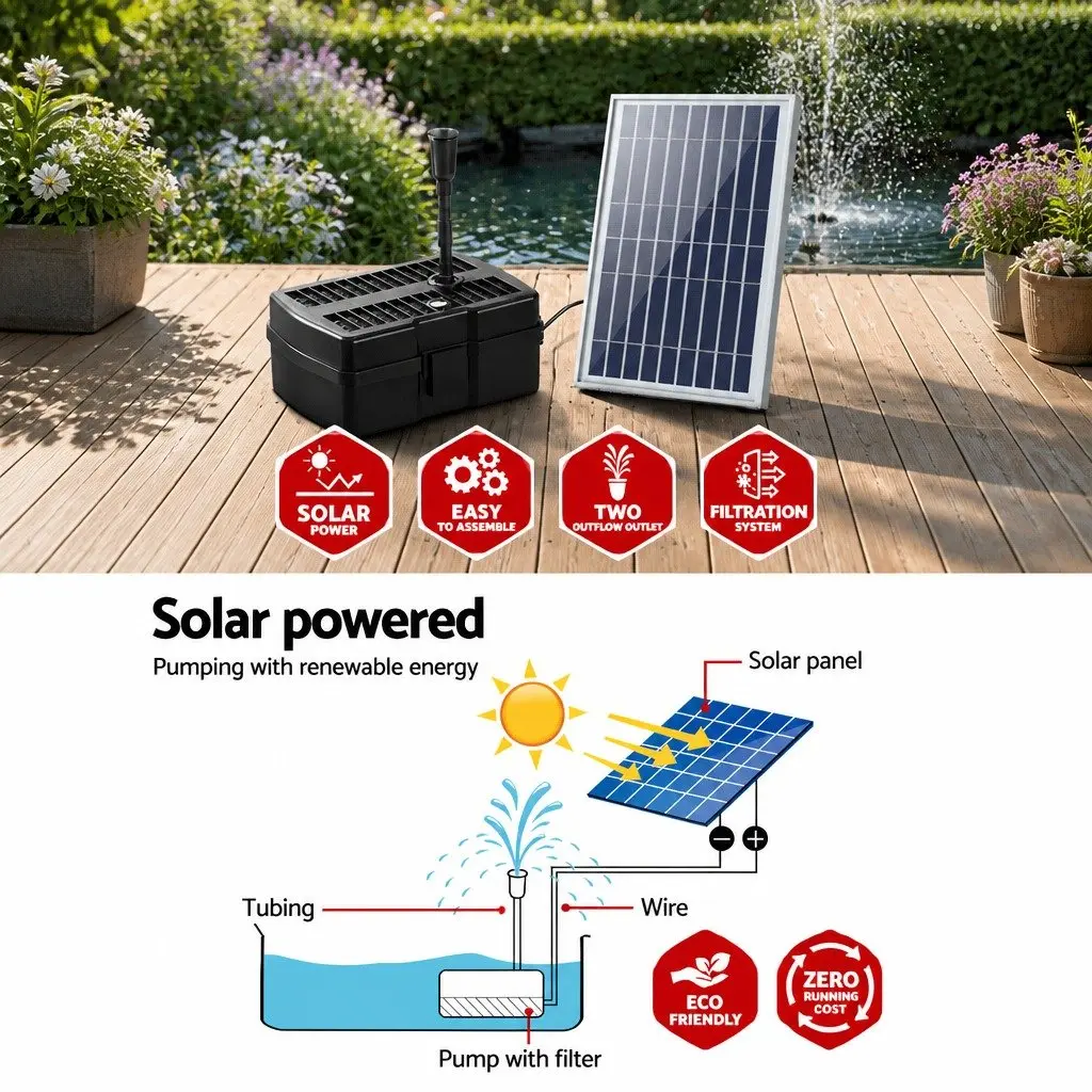 Solar Pond Pump 6.6FT Water Fountain Submersible Filter Box Outdoor Garden