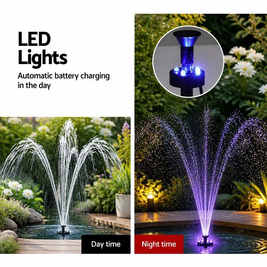 Solar Pond Pump Submersible Fountain 4.4FT Adjustable Height Multi-coloured LED Lights Remote Control
