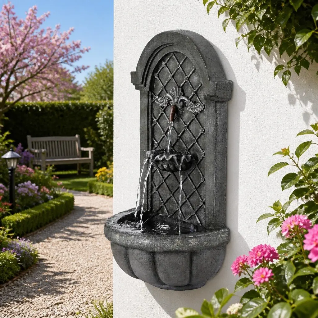 Solar Fountain 80CM Height Dark Grey Cascading Wall Mount Garden Water Feature