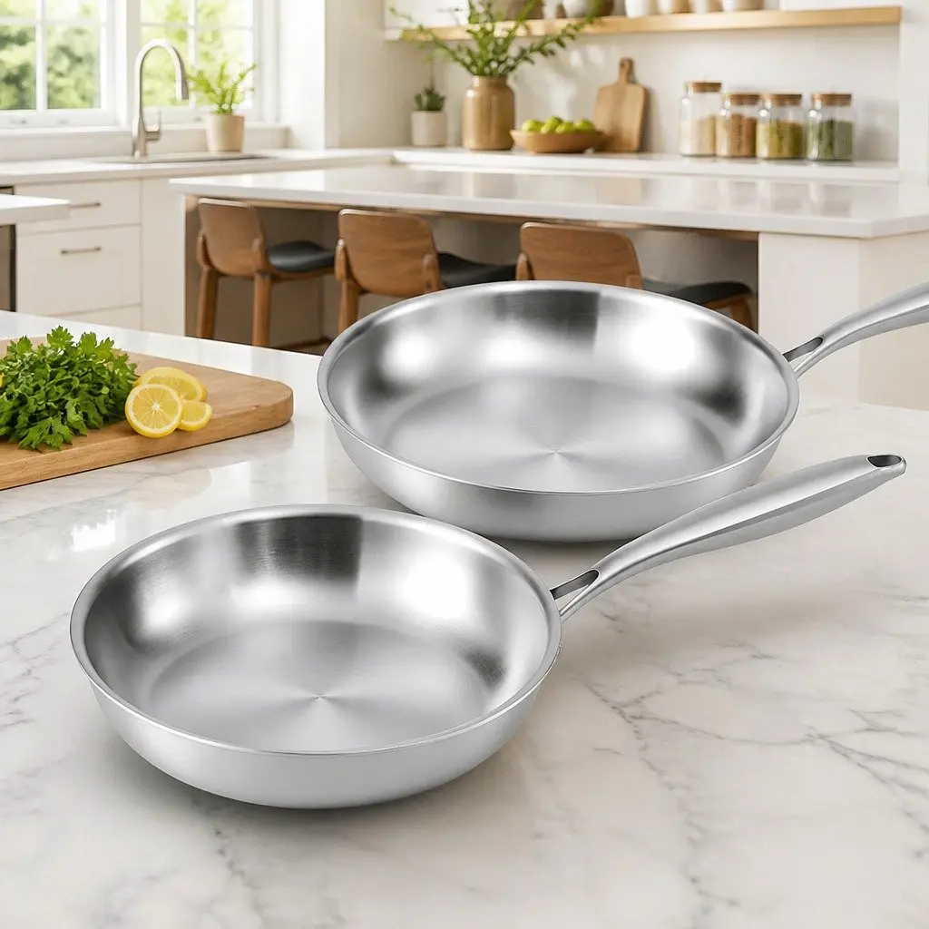 Stainless Steel Frying Pan Set 25cm 30cm Tri-Ply Construction Uncoated Silver Kitchen