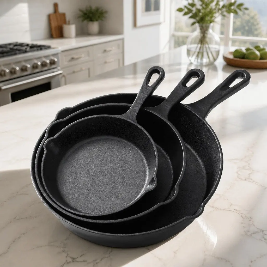 Cast Iron Frying Pan Set 3 Piece Non Stick Cookware Double Pouring Spouts Fast Heat Transfer